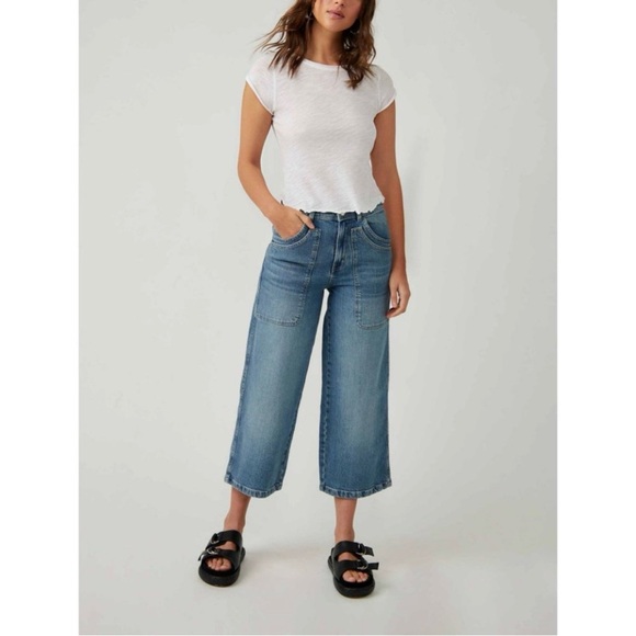 Free People Piper Wide Leg Crop Jeans 27 Med Denim Wash Casual 90s Retro boho - Picture 5 of 14